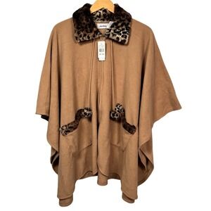 NWT LeModa Poncho Women OS Brown Leopard Trim Pompom Fleece Wrap Cape Faux Fur